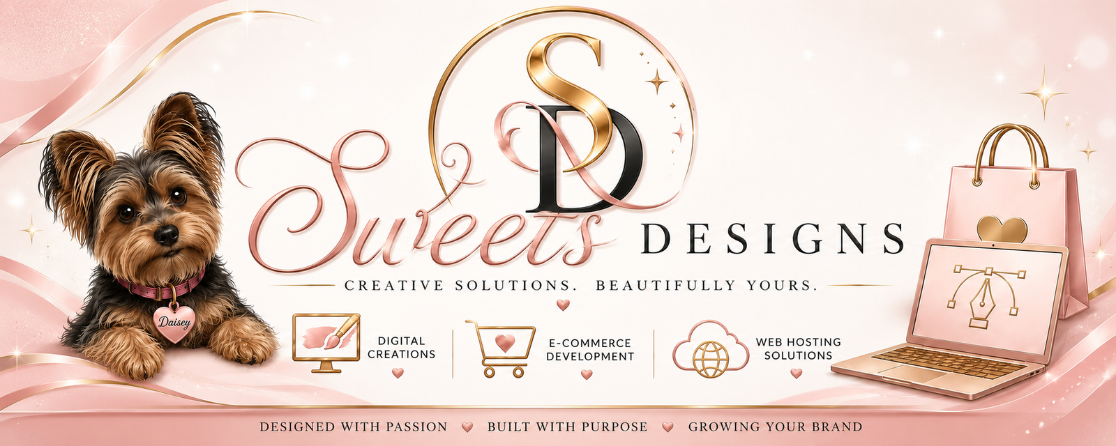 Sweets Designs rose-gold website banner featuring Daisy the Yorkie